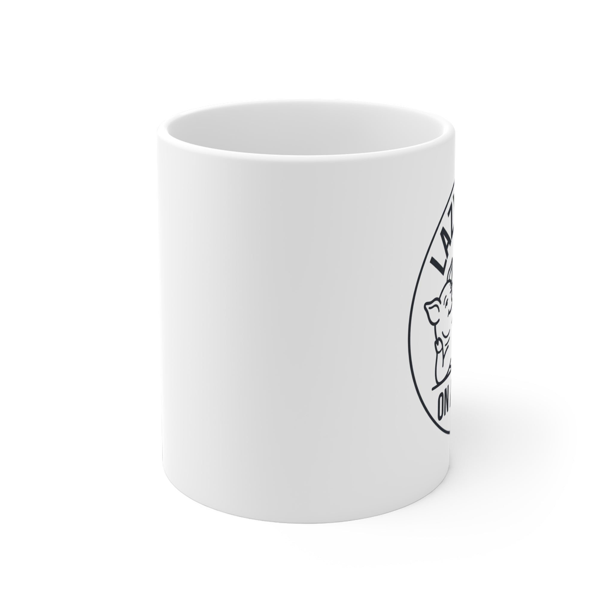 White mug with black text on a white background