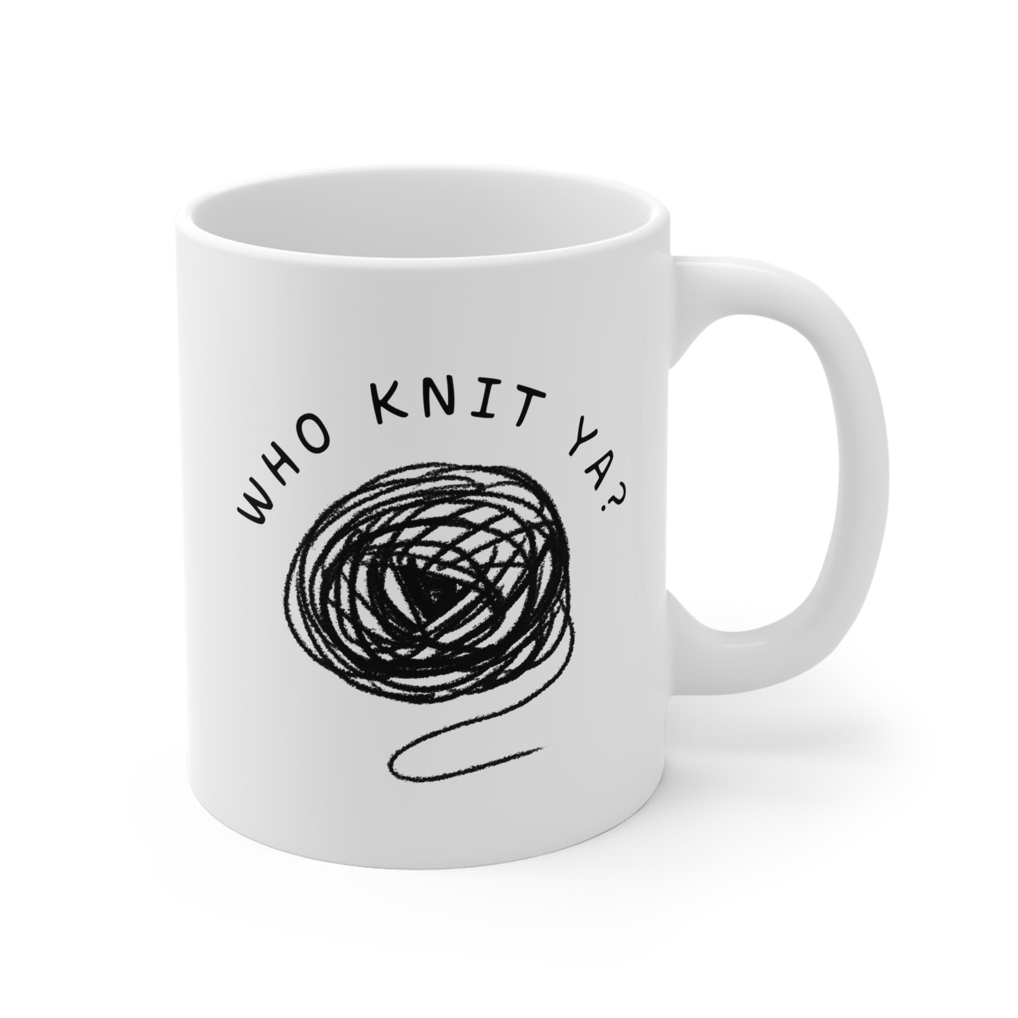 Who Knit Ya? – Newfoundland Slang Coffee Mug (Doodle Edition)