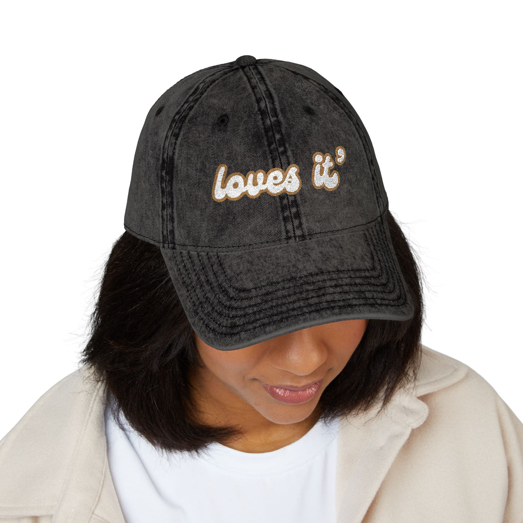 Loves It' – Newfoundland Slang Embroidered Cap (Acid Wash Black)