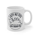 White mug with a graphic design featuring a pig and text on a white background