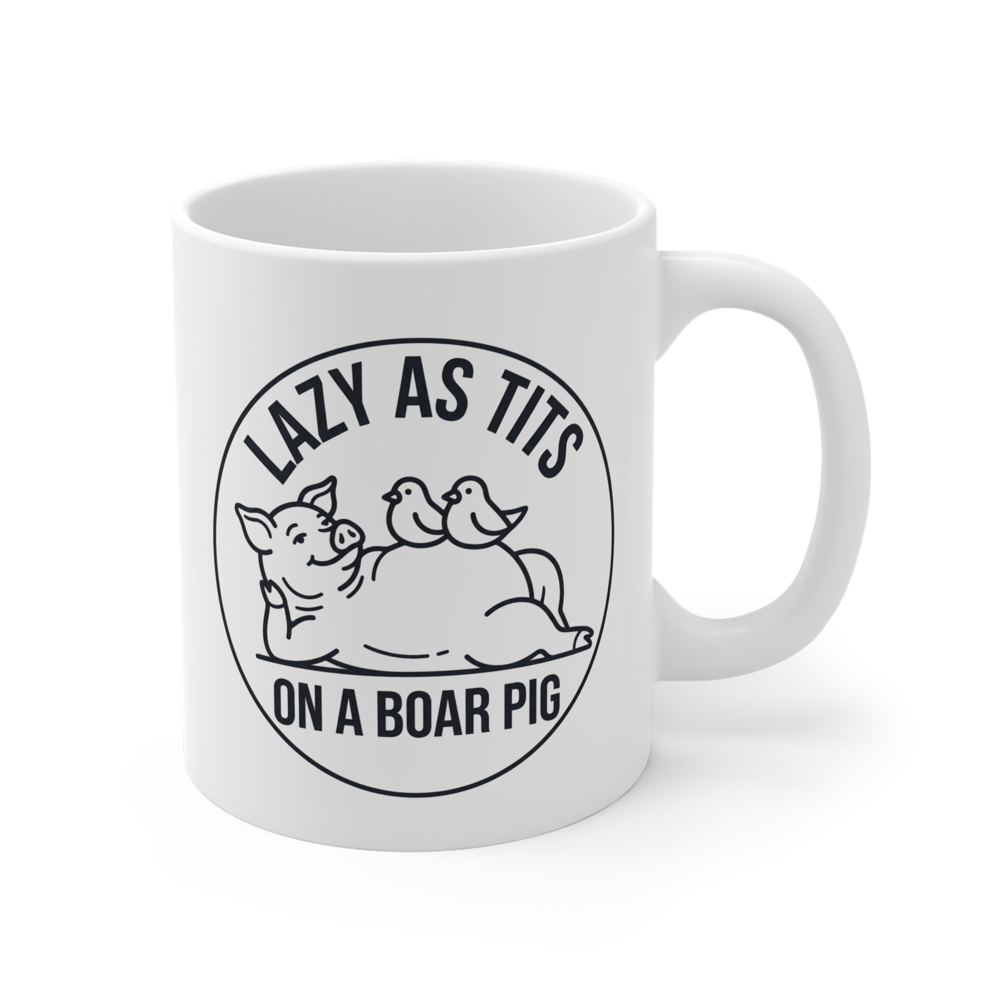 White mug with a graphic design featuring a pig and text on a white background