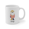 White mug with a cartoon character wearing a hat and floral outfit, and the word 'swag' on a white background.